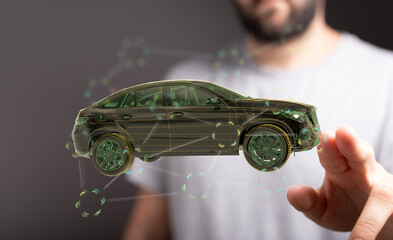 Futuristic car concept.  Digital transformation in automotive industry. Smart vehicle.