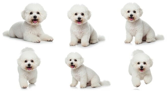 Bichon Frise dog posing in various playful positions on white background  