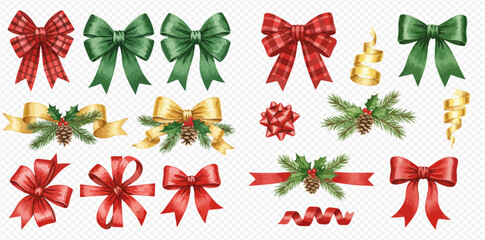 A festive collection of watercolor Christmas bows, ribbons, and evergreen decorations in red, green, and gold.