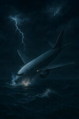 Fototapeta premium Dramatic plane crash in ocean during thunderstorm at night with lightning strikes