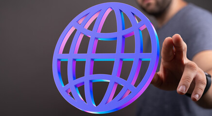 Abstract 3D globe icon, representing internet, connection, and global network.
