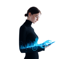 Businesswoman analyzing holographic data projections.