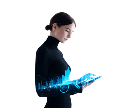Businesswoman analyzing holographic data projections.