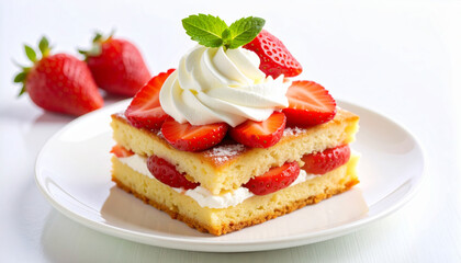 Strawberry shortcake slice topped with whipped cream and mint on a white plate