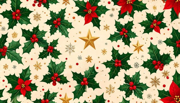 Festive Christmas pattern with holly, poinsettias, and snowflakes