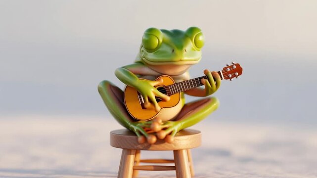 Cute frog green amphibian playing guitar musical funny joyful animation