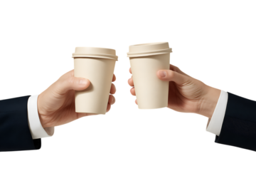 Two people in suits toast with coffee cups, symbolizing a business deal or casual break.