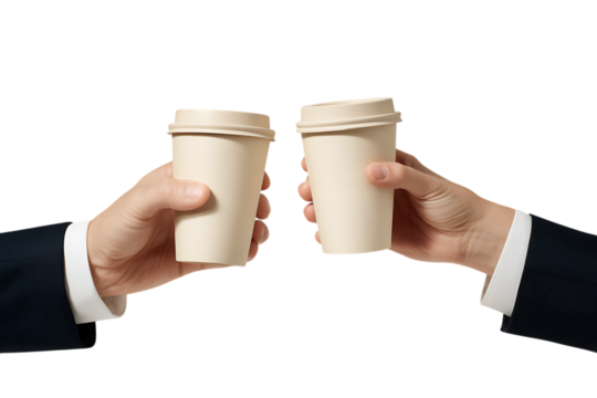 Two people in suits toast with coffee cups, symbolizing a business deal or casual break.