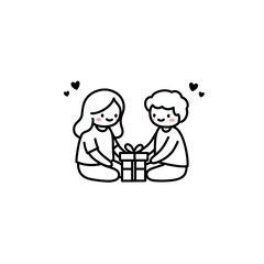 Obraz premium Couple sitting close with gift and smiling on white background for Valentine's Day 