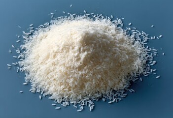 Pile of white rice grains on a muted blue surface