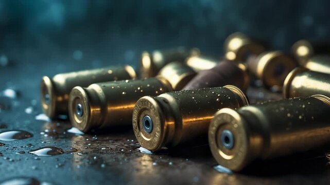 Spent bullet casings scattered on wet surface with metallic reflections and water droplets highlighting firearm ammunition detail close perspective