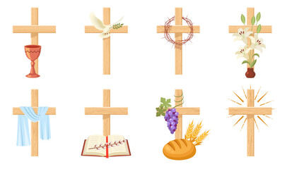 Eight wooden crosses: dove, crown of thorns, lily, chalice, cloth, bible, grapes, wheat