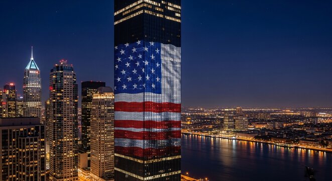 American pride lights up the Philadelphia skyline at night with the flag proudly displayed on skyscraper - Powered by Adobe