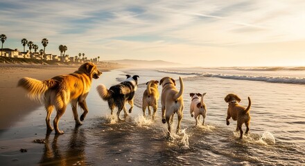 A pack of dogs joyfully runs along the shoreline at sunset, splashing in the shallow ocean waves under a warm, golden sky