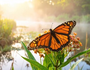 Obraz premium Monarch Butterfly on Milkweed in Morning Light