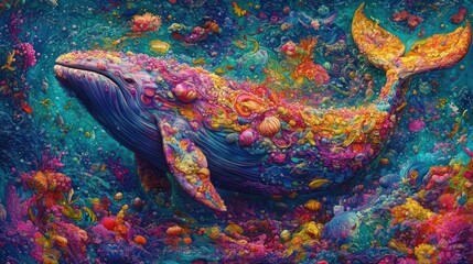 Colorful whale in vibrant underwater scene