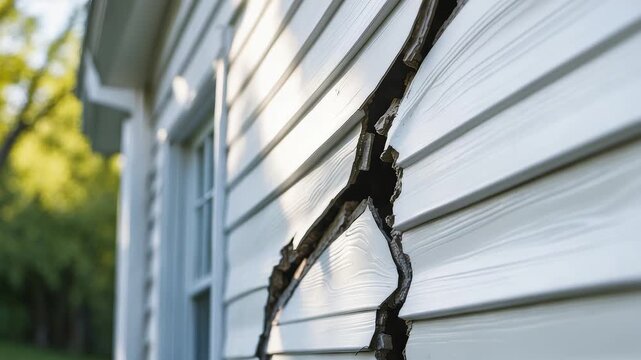 Damaged exterior house siding with melted and cracked vinyl surface caused by intense heat exposure highlighting home repair maintenance