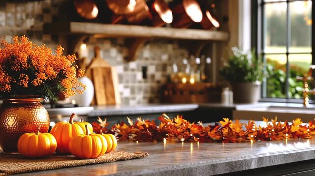 Copper vase displaying orange blooms near miniature pumpkins, complemented by fall leaf garland adorning rustic kitchen countertop, evoking seasonal warmth