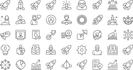Collection of icons representing business growth, innovation, startups, and technological advancements
