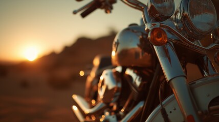 A motorcycle stands still as the sun sets, illuminating the desert landscape with warm tones.