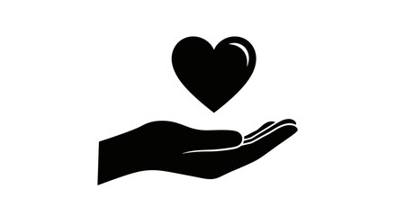 Black silhouette of an open hand presenting a heart icon, symbolizing love, care, and giving.