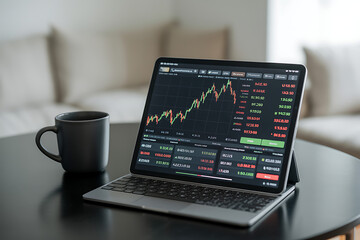 Tablet computer displaying stock market charts and financial data next to a coffee mug on a table graphic