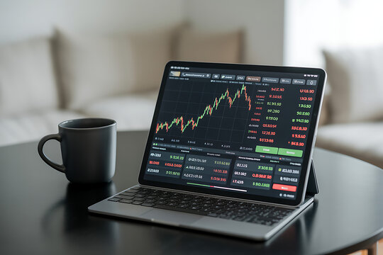 Tablet computer displaying stock market charts and financial data next to a coffee mug on a table graphic