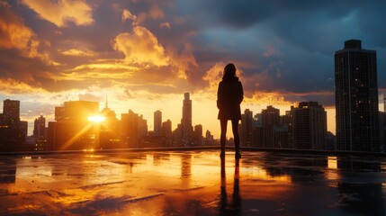 Fototapeta premium Rooftop silhouette during a stunning sunset over the city skyline with reflective puddles and dramatic clouds