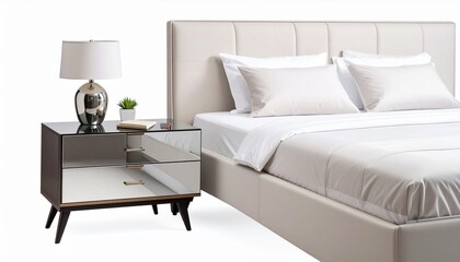 Beige upholstered bed with white bedding beside a sleek nightstand