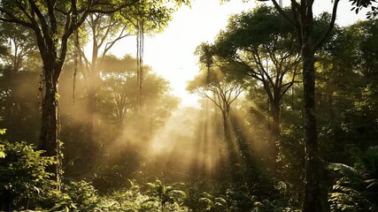 4k, Low-angle shot capturing the sun's rays filtering through the lush canopy of a dense rainforest, creating a tranquil and ethereal mood with vibrant green foliage and - Powered by Adobe