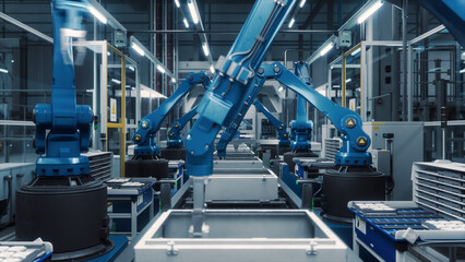 Advanced Blue Robotic Arms in an Autonomous Factory Assembling Electronic Components on a Modern Production Line. Engineering and Technology in a Manufacturing Facility