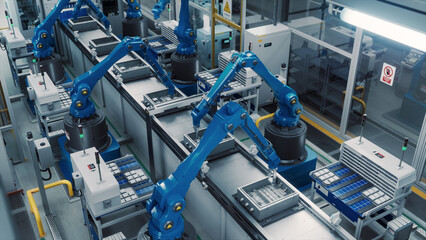 Advanced Blue Robotic Arms in an Autonomous Factory Assembling Electronic Components on a Modern Production Line. Engineering and Technology in a Manufacturing Facility. High Angle