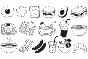 Minimal Vector Icons of Croissant, Sandwich, and Cereal