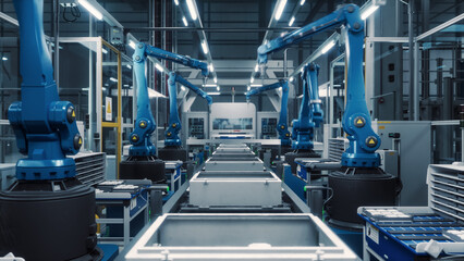 Autonomous Factory with Robotic Arms Assembling Components on a Production Line, Showcasing Advanced Automation and Engineering in a High Tech Manufacturing Environment