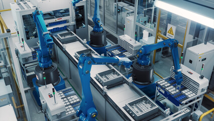 High Tech Factory with Blue Robotic Arms Assembling Electronic Components on a Production Line Conveyor Belt. Automation and Artificial Intelligence in a Modern Manufacturing Process. High Angle