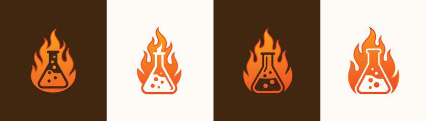 Flaming Lab Flask Logo Set Chemical Science and Heat Icons

