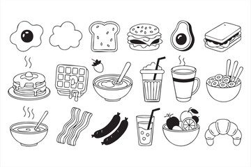 Healthy and Classic Breakfast Food Icons in Line Art