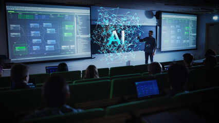 Teacher Lectures on AI with Futuristic Holographic Interface and Data Visualization. Teaching Diverse Students in a Modern Classroom. Interactive Presentation Highlights Advanced Technology Topics