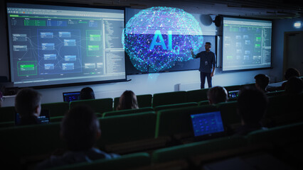 Male Teacher Using Augmented Reality Holographic Brain Visuals to Explain AI Technology, Cloud Computing and Big Data in a Classroom. Students Engage with Interactive Data on Laptop Computers