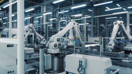 Tech Factory with White Robotic Arms Assembling Electronic Components on a Production Line Conveyor Belt. Automation and AI Support in a Modern Manufacturing Process