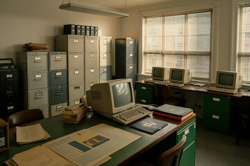 Retro Office with Vintage Computers and Filing Cabinets by the Window old computers