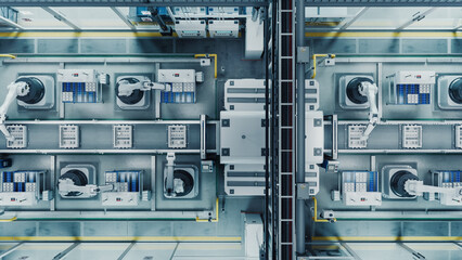 Top Down View with Autonomous Factory with Robotic Arms Assembling Components on a Production Line, Showcasing Advanced Automation and Engineering in a Industrial Environment
