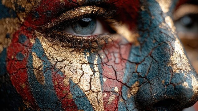 Close-up of a woman's face with intricate painted patterns and cracked skin texture
