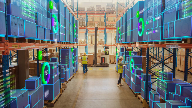 Robotic Vision Concept in a Warehouse: Workers Managing Inventory at Logistics Center. Holographic Data Overlays on Boxes and Providing Insights, AI Optimizing Productivity in a High Tech Environment