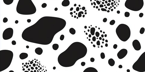 A seamless black and white abstract pattern resembling a spotted cow print or dalmatian dog fur.
