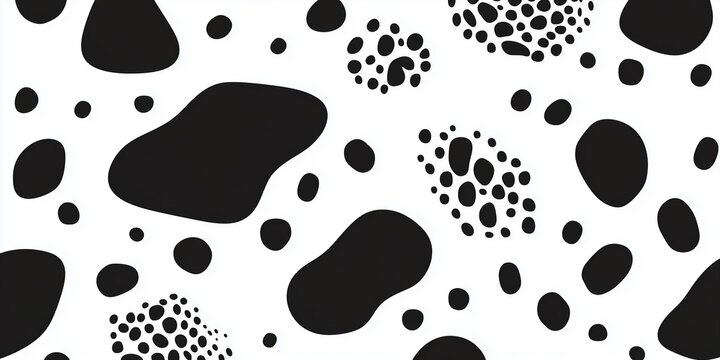 A seamless black and white abstract pattern resembling a spotted cow print or dalmatian dog fur.
