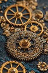 Obraz premium Close-up of intricate golden gears and floral embellishments on a dark background