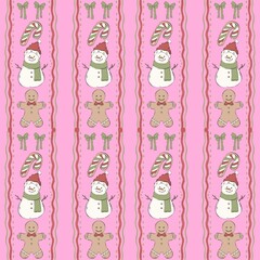 Christmas Seamless Pattern, Festive Holiday Winter Design with Ornaments, Snowflakes, Candy Canes and Gifts, Cute Cozy Christmas Illustration for Seasonal Decoration and Background
