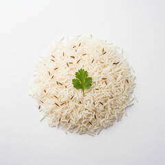 Ultra-realistic top view of fluffy jeera rice arranged in a natural circular shape with minimal cumin seeds and single centered coriander garnish isolated on white background