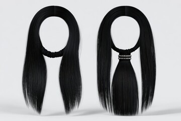 Two long, straight black hairstyles.  One is a simple ponytail, the other a straight cut